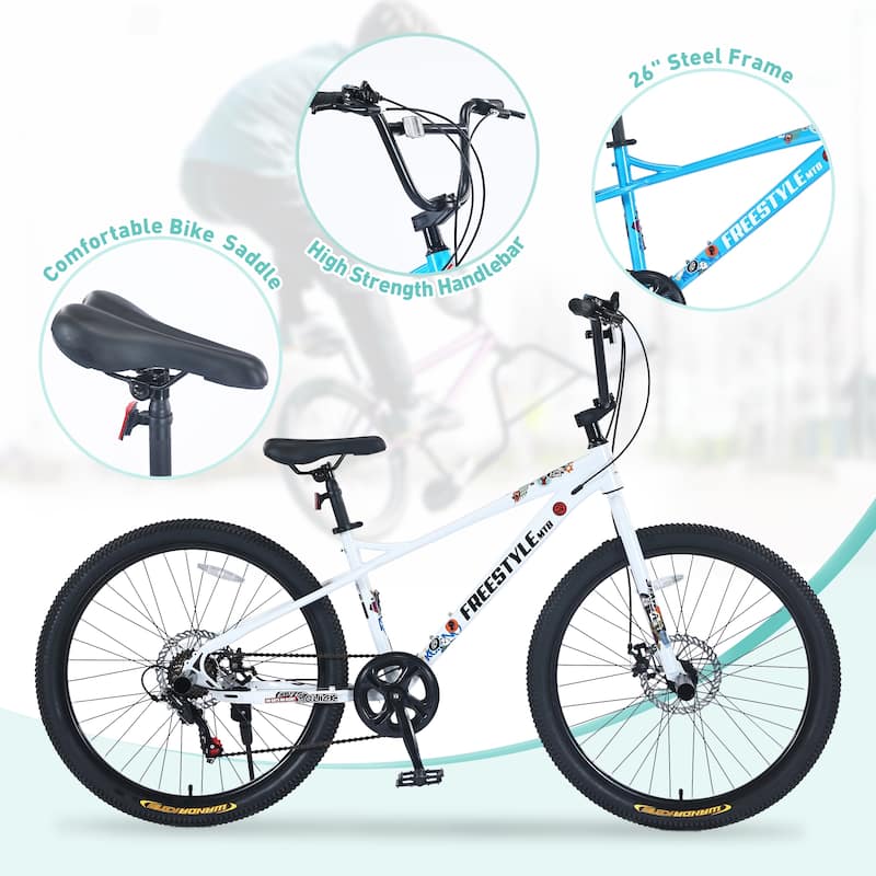 Freestyle Kids Mountain Bike, 26-inch, Shimano 7-Speed, Double Disc Brakes, Purple Bicycle for Boys & Girls 12+ Years