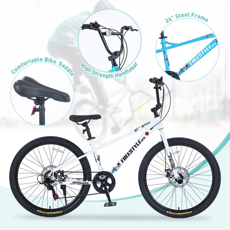 Road Cycling Bicycle, 7-Speed All-Terrain Bike with Double Disc Brakes 26 Inch Children Bicycle for Kids & Teens Age 12+ Years