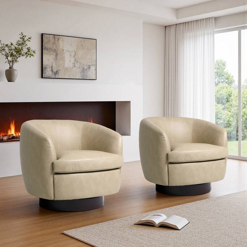 PU Upholstered Swivel Barrel Accent Chair With Wood Base (Set of 2)