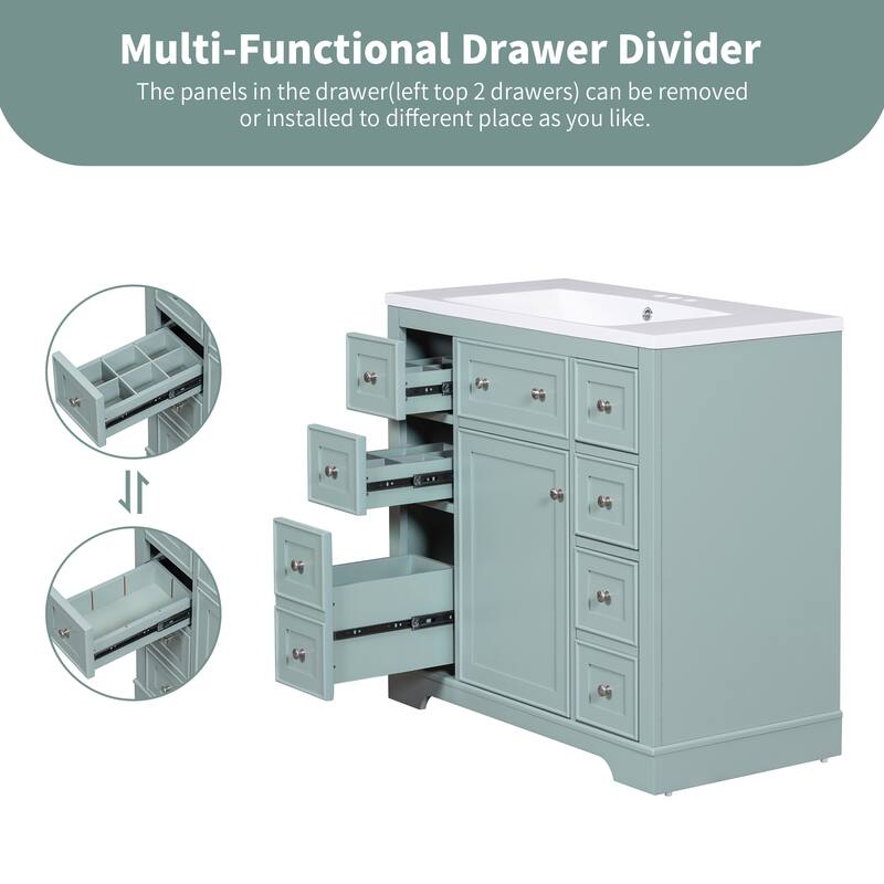 36" Bathroom Vanity Combo with Undermount Sink, 6 Drawers, 1 Cabinet, and Adjustable Shelf