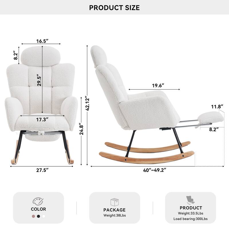 Comfortable Teddy Fabric Upholstered Rocking Chair with High Backrest and Pillows for Indoor Use