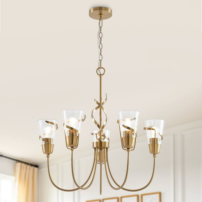 26" French Country Gold Seeded Glass 5-Light Dimmable Chandelier for Dinning Room