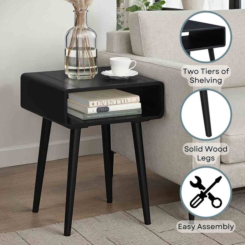 Mid Century Inspired Napa End Table with Open Shelf, Curved Edges, Solid Wood Tapered Legs and Spacious Storage Top - 18