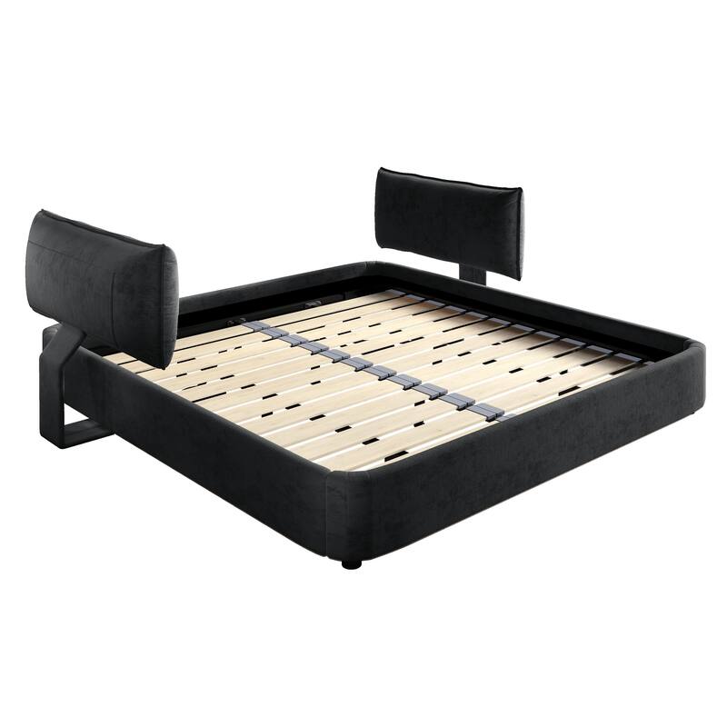 Low Profile King Size Cloud Bed Frame with Movable Headboard, Chenille Platform Bed with Metal/Solid Wood Slat Double Support