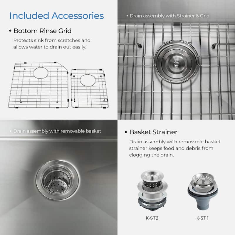 33 inch Handcrafted Undermount Double Bowl 16 gauge Stainless Steel Small Radius Kitchen Sink with Strainers and Grids - 33 Inch