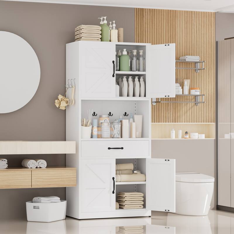 71" White Steel Kitchen Pantry with Large Countertop, Adjustable Shelves, Drawers & Hooks