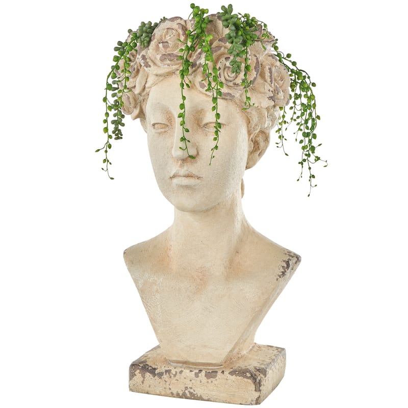 Cream Magnesium Oxide Distressed Antique Greek Bust Woman Indoor Outdoor Planter with Floral Accents