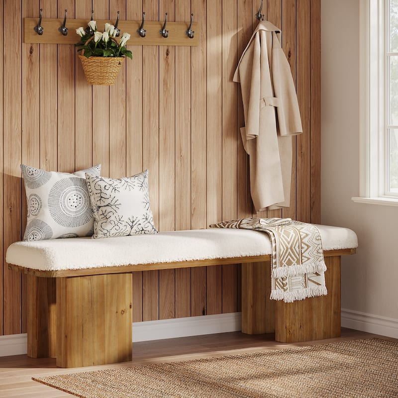 59.05-Inch Solid Wood Entryway Bench, Modern Upholstered End of Bed Bench, Long Ottoman for Bedroom, Entryway - White+Brown