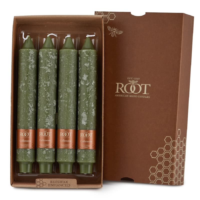 Root Unscented 9 In. Timberline™ Collenette Taper Candles box of 4 - 9 X 1-1/4 - Dark Olive