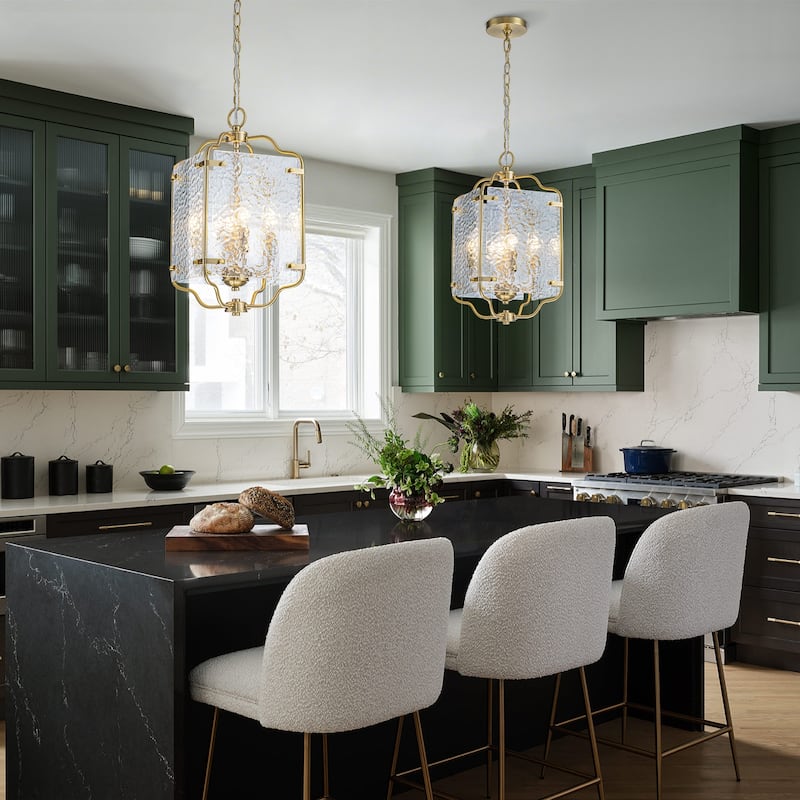 Modern 4-Light Metal Frame Pendant Light with Hammered Glass Panels - Dia.10-in