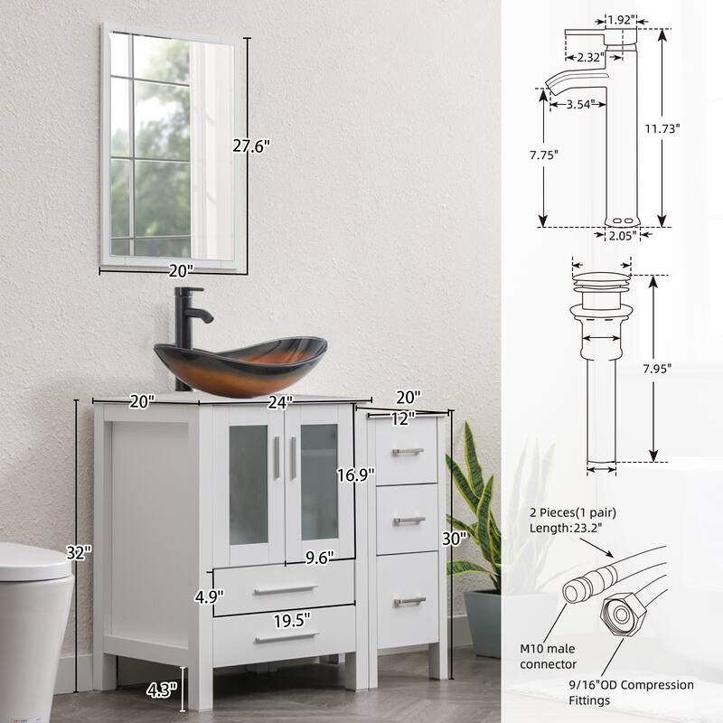 36" White Bathroom Vanity Sink Set with Side Cabinet Vessel Sink Faucet Combo