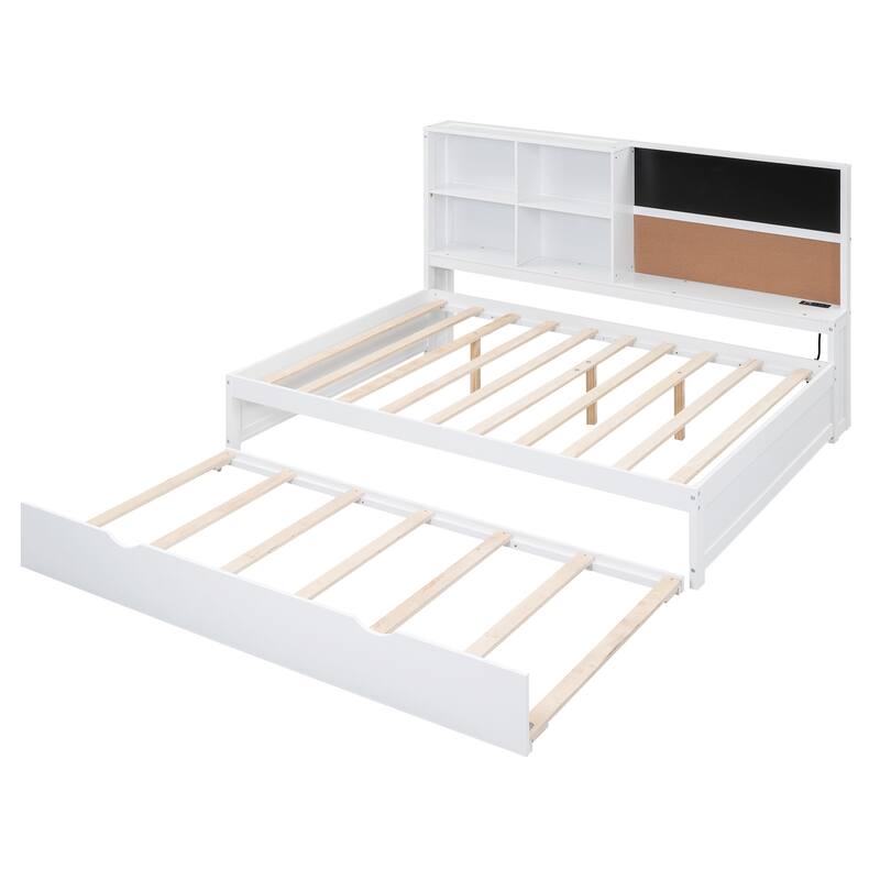Full Size Wood Daybed with Storage Shelves, Blackboard, Cork Board, USB Charging Ports, and Trundle