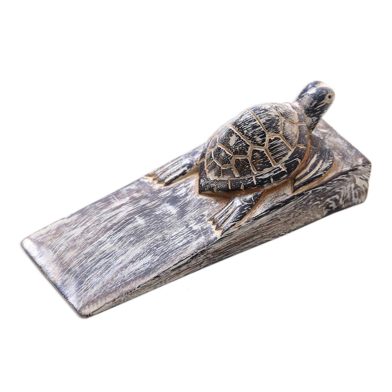 Novica Handmade Whitewashed Baby Turtle Wood Door Stopper - 2" H x 6.5" W x 2.4" D