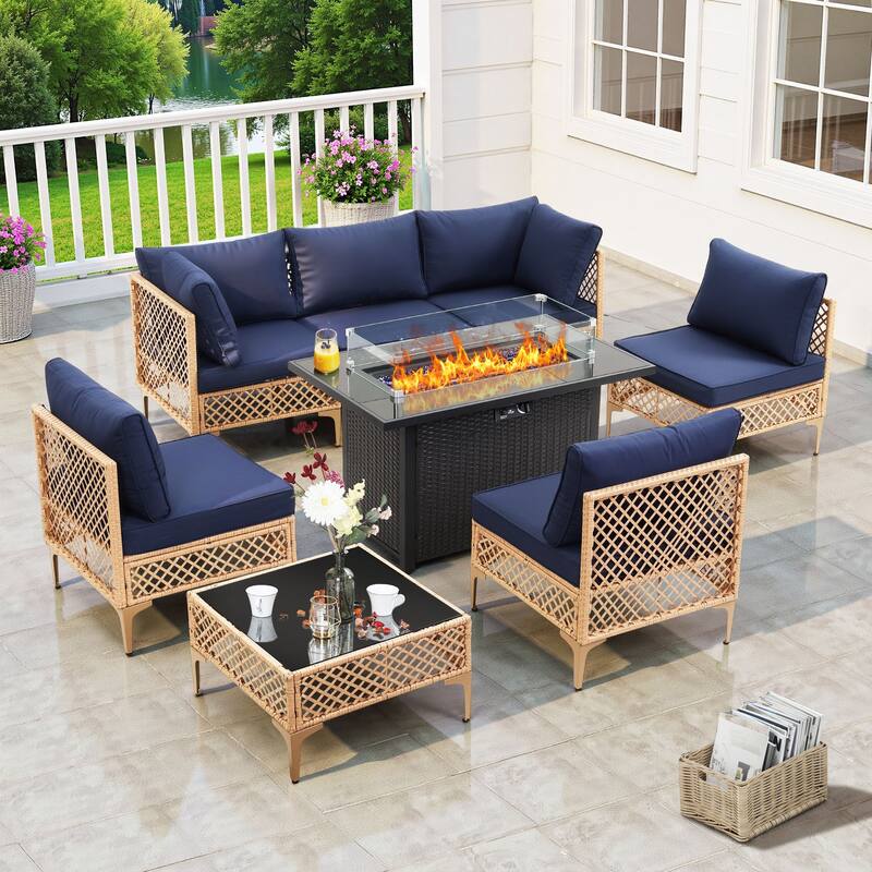 8 PCS Wicker Patio Conversation Set With Fire Table