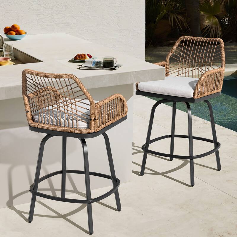 2-Piece Twisted Rattan Patio Bar Stools Set with Cushions, Swivel Design