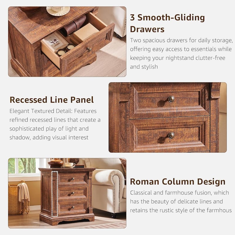 Farmhouse 3 Drawers Nightstand with Charging Station, Rustic End Table