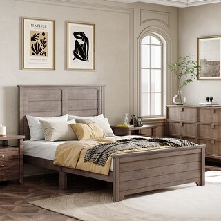 Queen Size Farmhouse Wooden Platform Bed with Panel Design Headboard ...