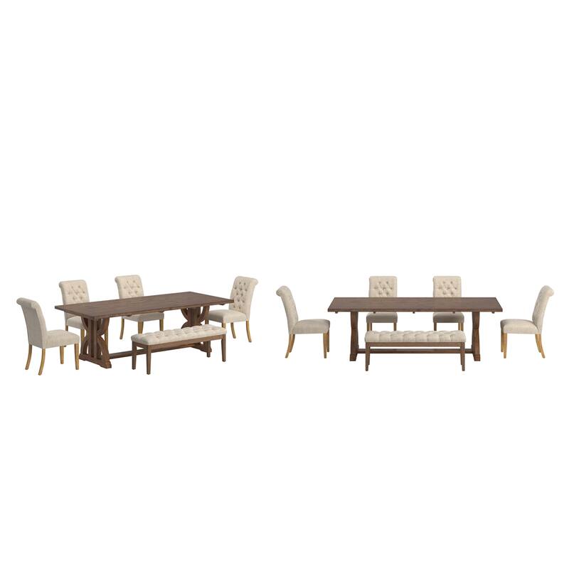 Bratislava Reclaimed Wood Table with Rolled Top Tufted Chairs Dining Set