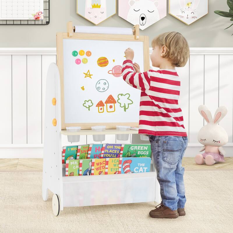 Kids 4 in 1 Art Easel and Desk with Stool Adjustable Height Whiteboard Chalkboard Paper Roll and Storage for Drawing