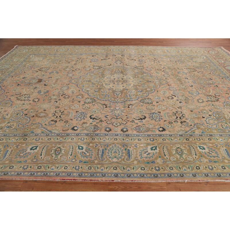 Hand Knotted Oriental 100% Wool Carpet Traditional Floral Coral Mashad Area Rug - 12' 11'' X 9' 6''
