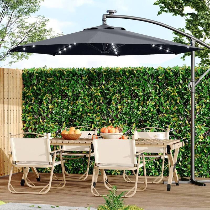 10FT Patio Outdoor Offset Umbrella with Lights for Deck Poolside Lawn Backyard
