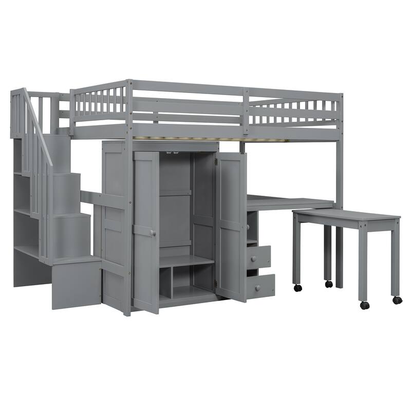 Full Size Loft Bed with Stairs, Bookshelf, Drawers, Desk & Wardrobe - Space-Saving Multifunctional Furniture for Kids & Teens