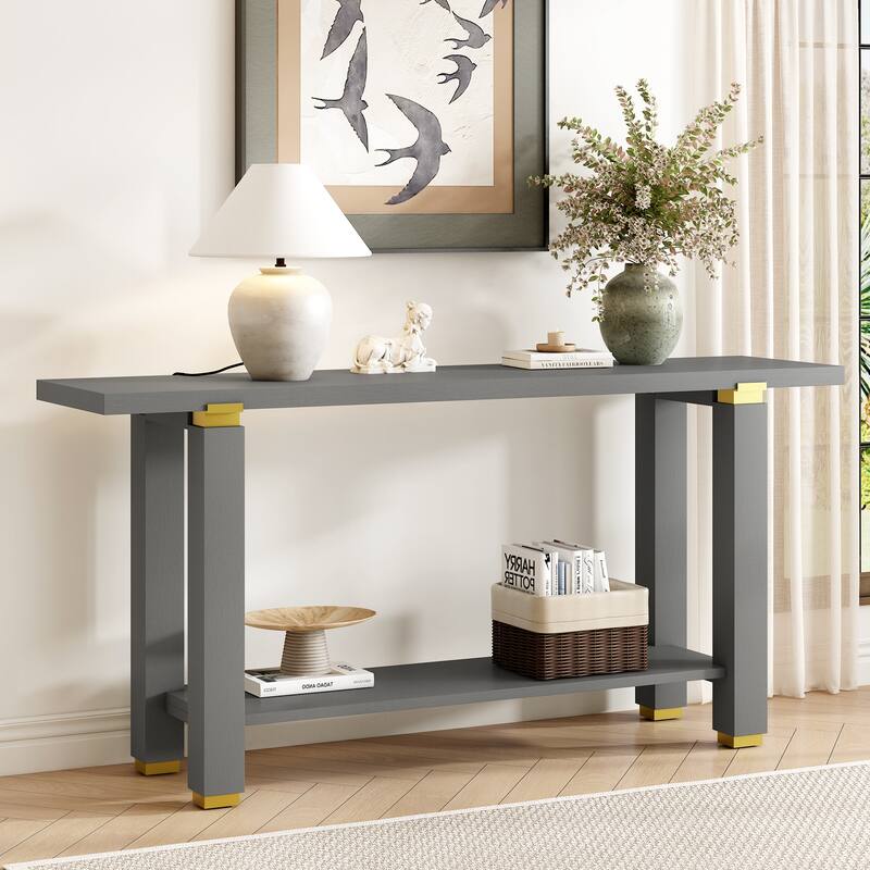 Modern Minimalist Console Table Sofa Table with Open Shelves and Geometric Metal Trim, for Living Room, Hallway, Gray