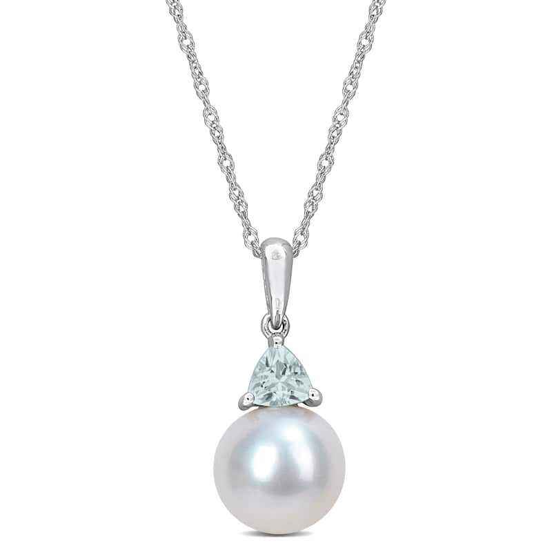 Miadora 8-8.5mm Cultured Freshwater Pearl and 1/5ct TGW Aquamarine Pendant with Chain in 10k White Gold - 19 mm x 8.5 mm
