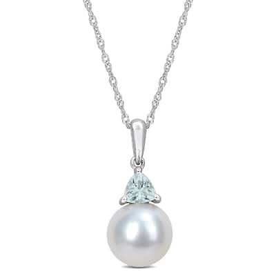 Miadora 8-8.5mm Cultured Freshwater Pearl and 1/5ct TGW Aquamarine Pendant with Chain in 10k White Gold - 19 mm x 8.5 mm