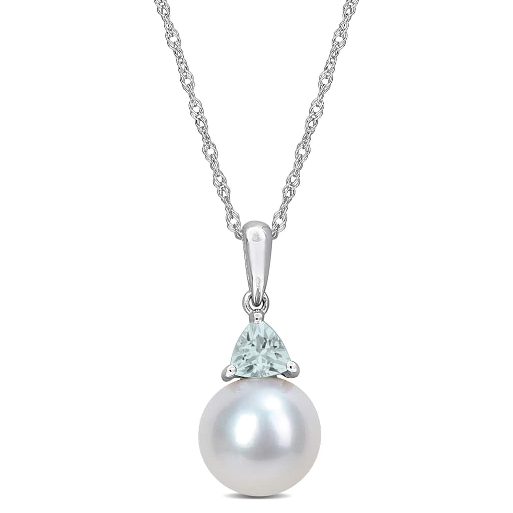 Miadora 8-8.5mm Cultured Freshwater Pearl and 1/5ct TGW Aquamarine Pendant with Chain in 10k White Gold - 19 mm x 8.5 mm