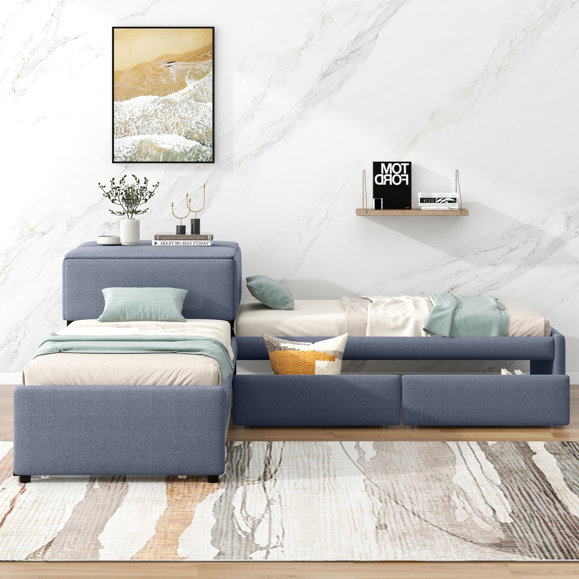 Twin Size Bed Frame Sectional Daybed L-shaped Upholstered Bed with Trundle, Twin Platform Bed for Bedroom Livingroom Corner