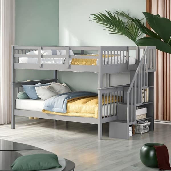 slide 2 of 43, Full-Over-Full Bunk Bed with Storage and Guard Rail Grey