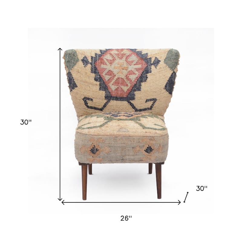 HomeRoots 26" Beige Blue and Red Jute Southwestern Wingback Chair - 26' X '30' X '30