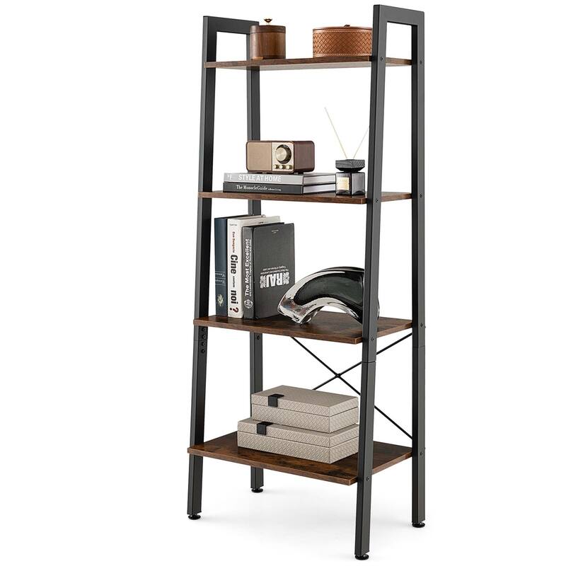 Costway 4-Tier Wood Ladder Shelf Ladder Bookcase Bookshelf Display - Brown + black