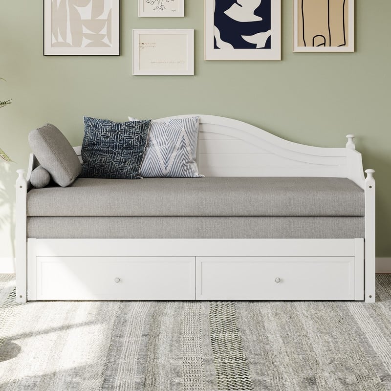 Twin Size Wood Daybed Extended Bed with Storage Drawers Wooden Sofa Bed - White