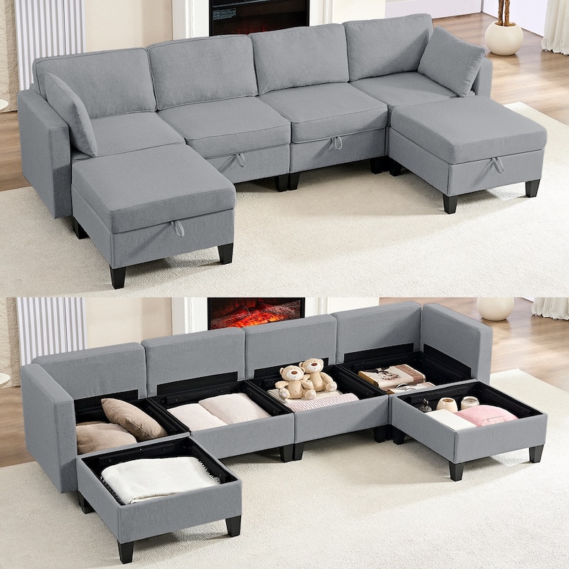 Mixoy Flexible Combination Reversible 4-Seater Modular Sofa with Ottomans,Linen Convertible Sleeper Sofa Bed with Storage Space - Light Grey - 54.7"D*109.4"W*31.5"H