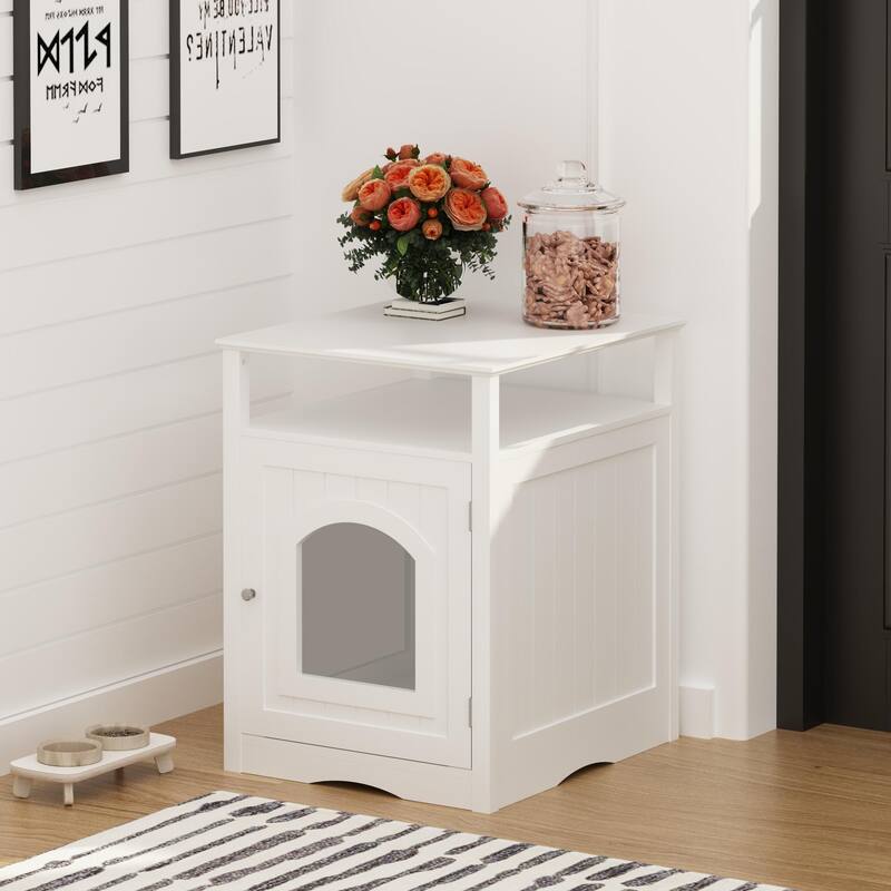 Cat Litter Box Enclosure Furniture, Wooden Cat House with Enclosed Cabinet, Hidden Litter Box Furniture with Storage Shelf