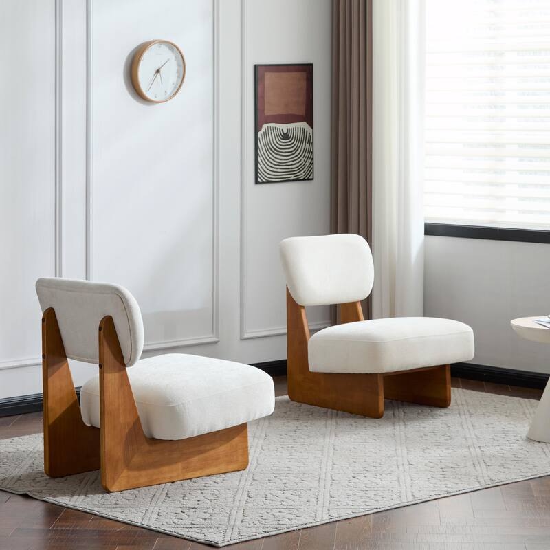 Minimalist Accent Chairs Set - Wood Frame - Beige + Natural - Set of 2