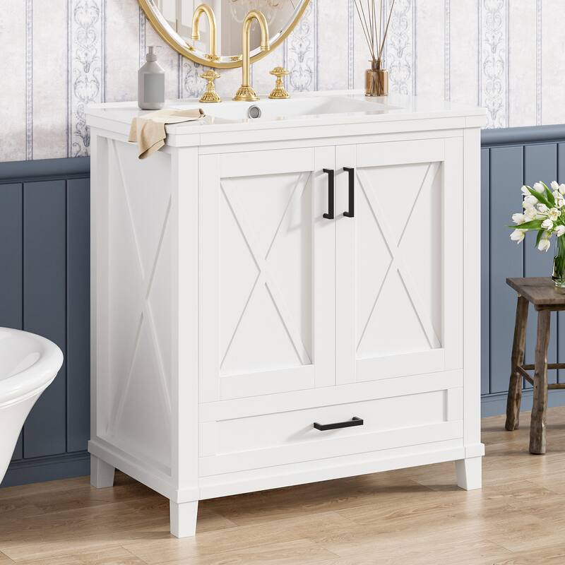 Bathroom Vanity with Sink, Freestanding Bathroom Storage Cabinet, Bathroom Cabinet with 2 Soft-Close Doors & 1 Divided Drawer - White