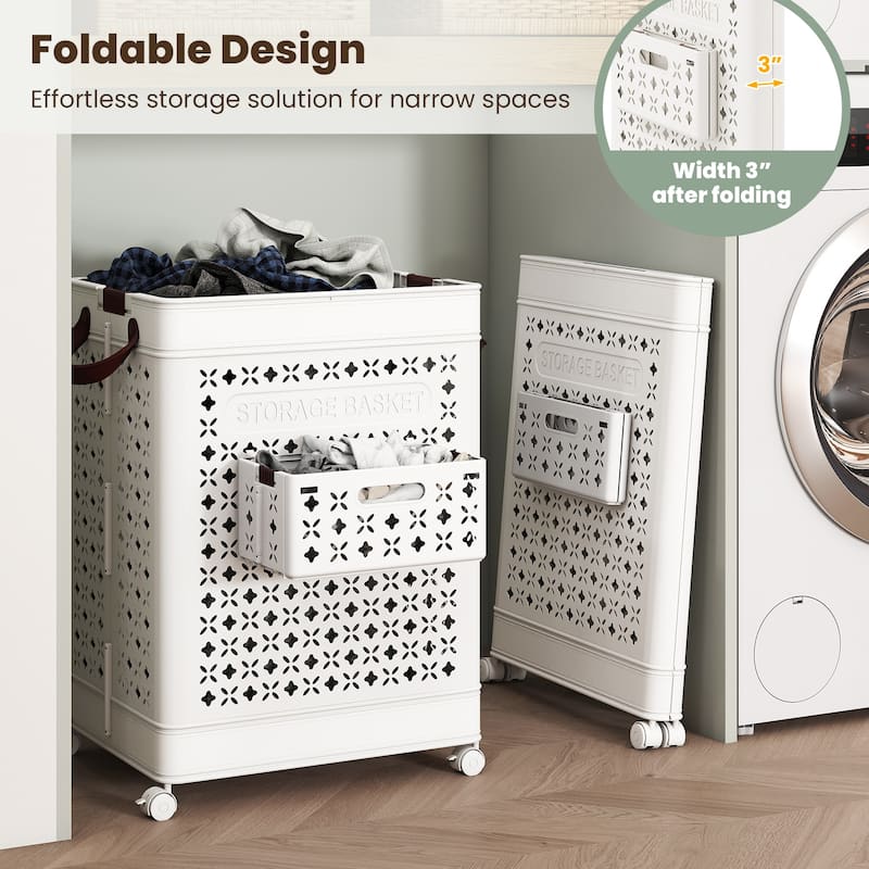 White 20 Gallon Large Capacity Foldable Laundry Clothes Basket with Wheels and Small Hanging Bin - 17" x 13.5" x 24"