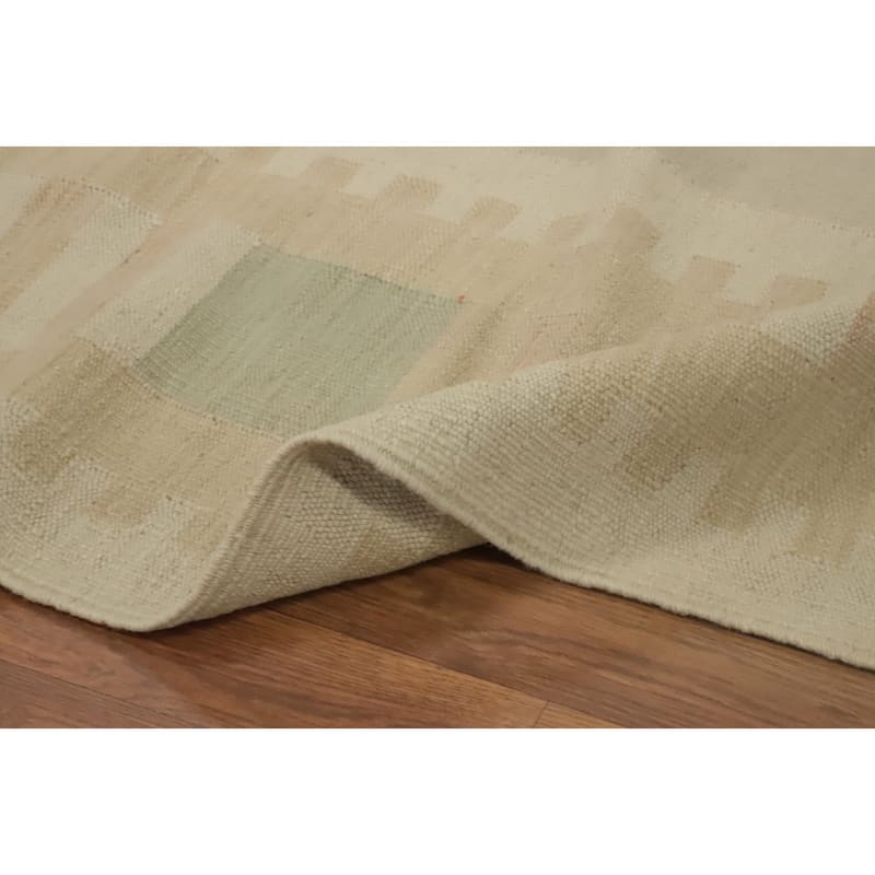 Hand Woven Oriental 100% Wool Carpet Southwestern Tribal Beige & Ivories Kilim Area Rug - 12' 2'' X 8' 10''