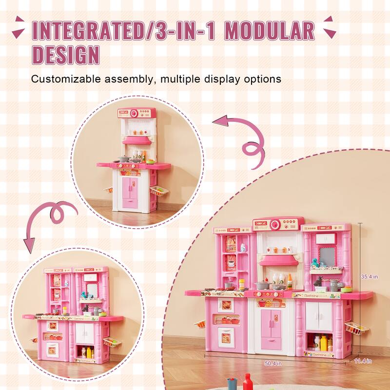 Kids Kitchen Playset, 3-in-1 Toddler Kitchen with Simulated Spray, Sounds and Lights, Play Kitchen Set