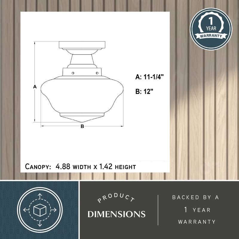 VAXCEL Eastgate 1-Light Schoolhouse Semi Flush Mount Ceiling Lighting Fixture, White Frosted Opal Glass Shade