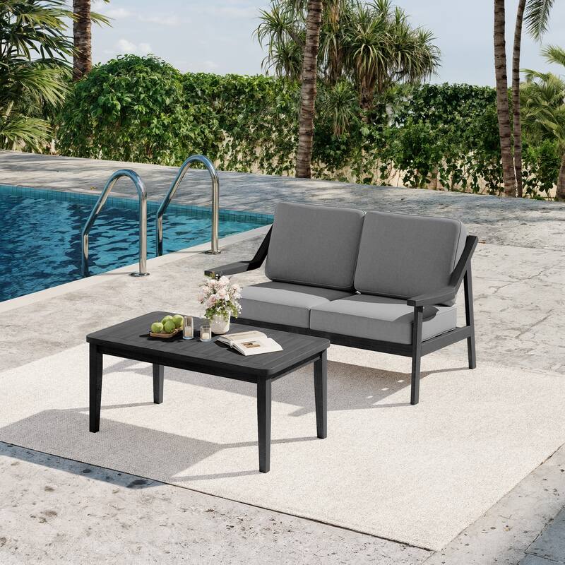 2-piece Brown/ Black Teak Cushioned Patio Loveseat Set with Coffee Table