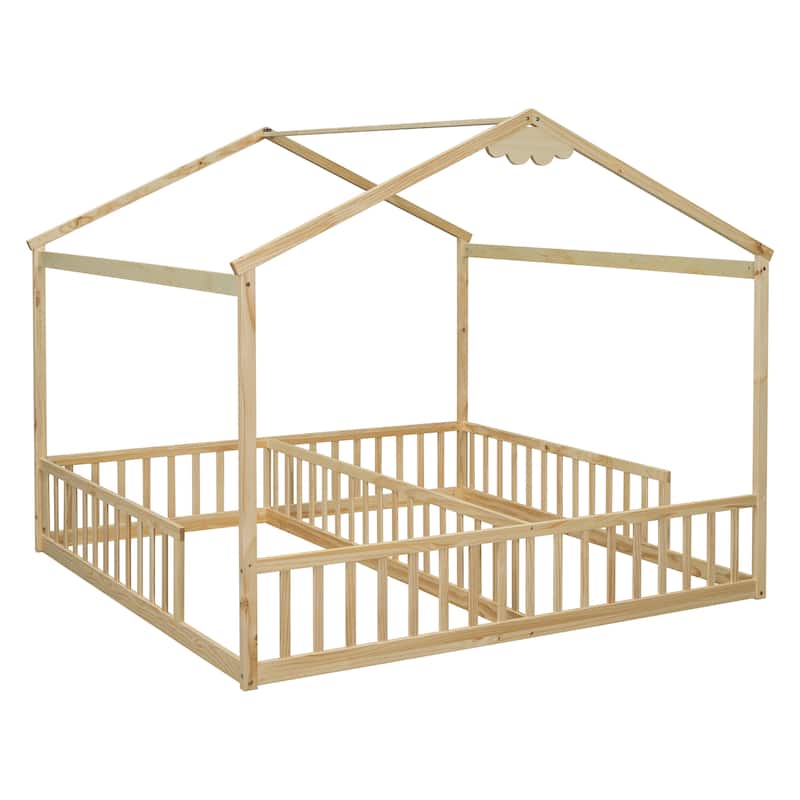 Double Twin House-Style Floor Bed with Fence,Guardrails