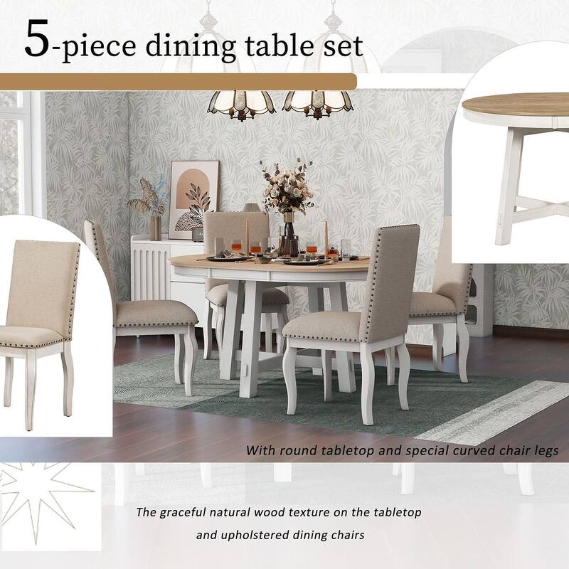 5 PCS Farmhouse Dining Table Set of 4 Chairs, Extendable