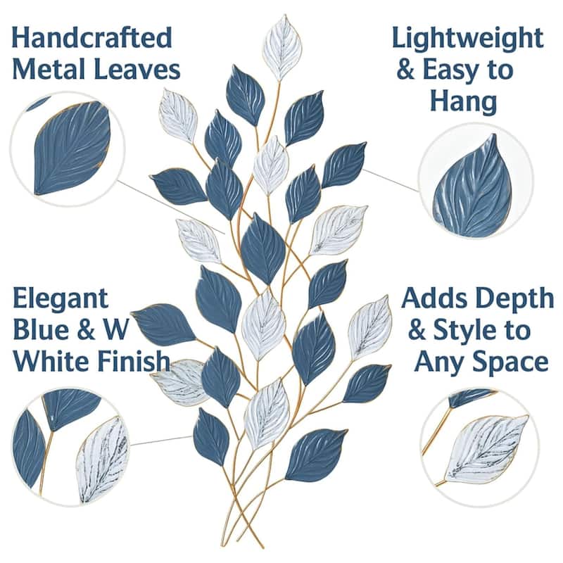 Aria Home Vertical 3D Leaf Metal Wall Art Green White Textured Decor