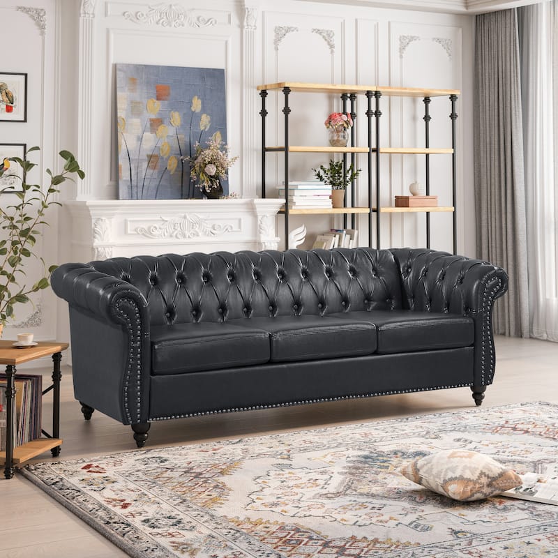 84" PU Rolled Arm Chesterfield Three Seater Sofa - Black