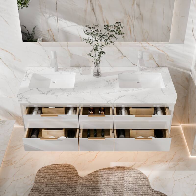 Modland 60" Modern Floating Bathroom Vanity with Double Sink, Soft-Close Drawers, White Stone Countertop
