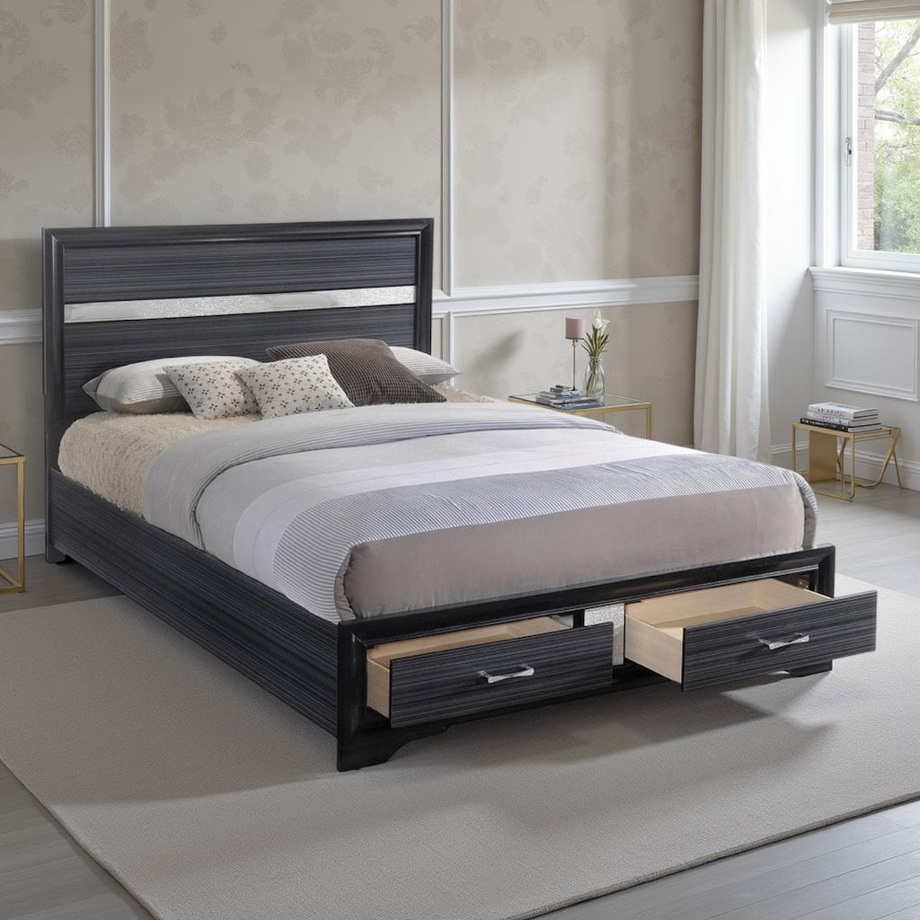 Contemporary Acrylic Trim Accent Eastern King Bed with 2 Drawers, Black